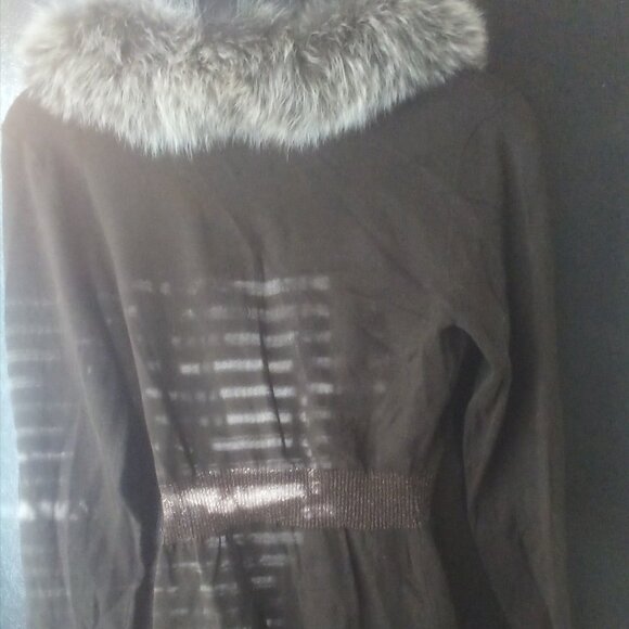 Cache Brown/Bronze zippered sweater w/real fur trim removable collar Med NWT - Picture 6 of 9